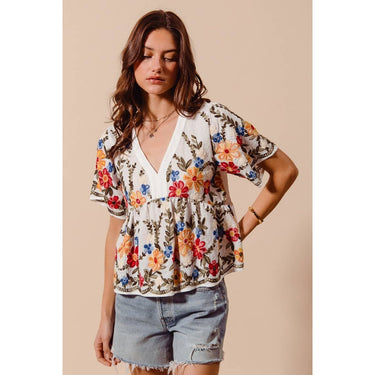FLORAL EMBROIDERED BABY DOLL BLOUSE TOP